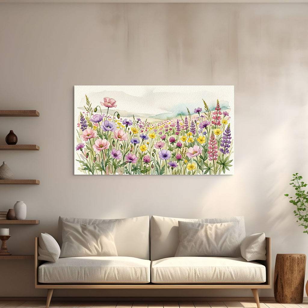 Wildflower field watercolor painting wall art, botanical landscape decor