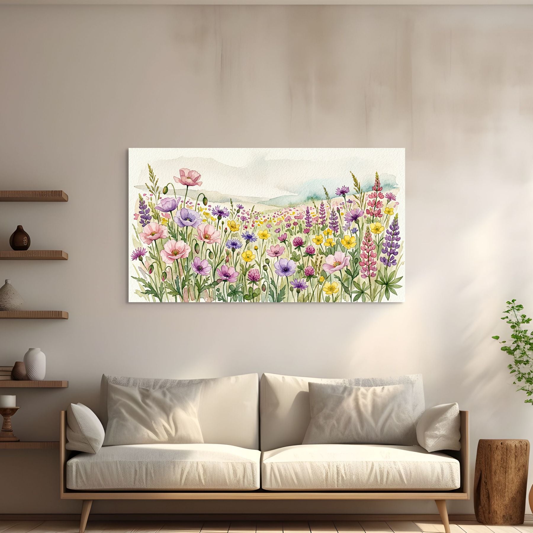 Wildflower field watercolor painting wall art, botanical landscape decor
