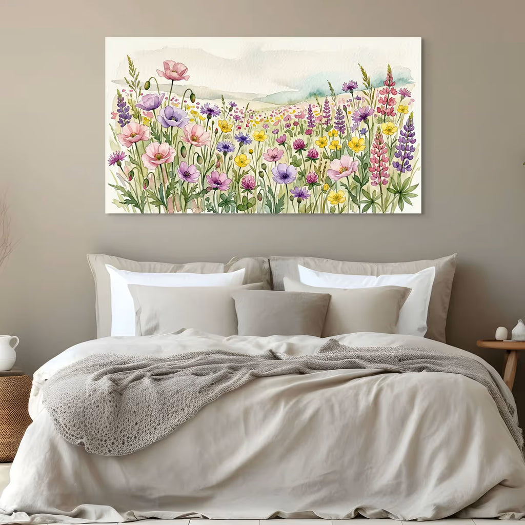 Wildflower Meadow Canvas Wall Art Colorful Watercolor Floral Landscape Print