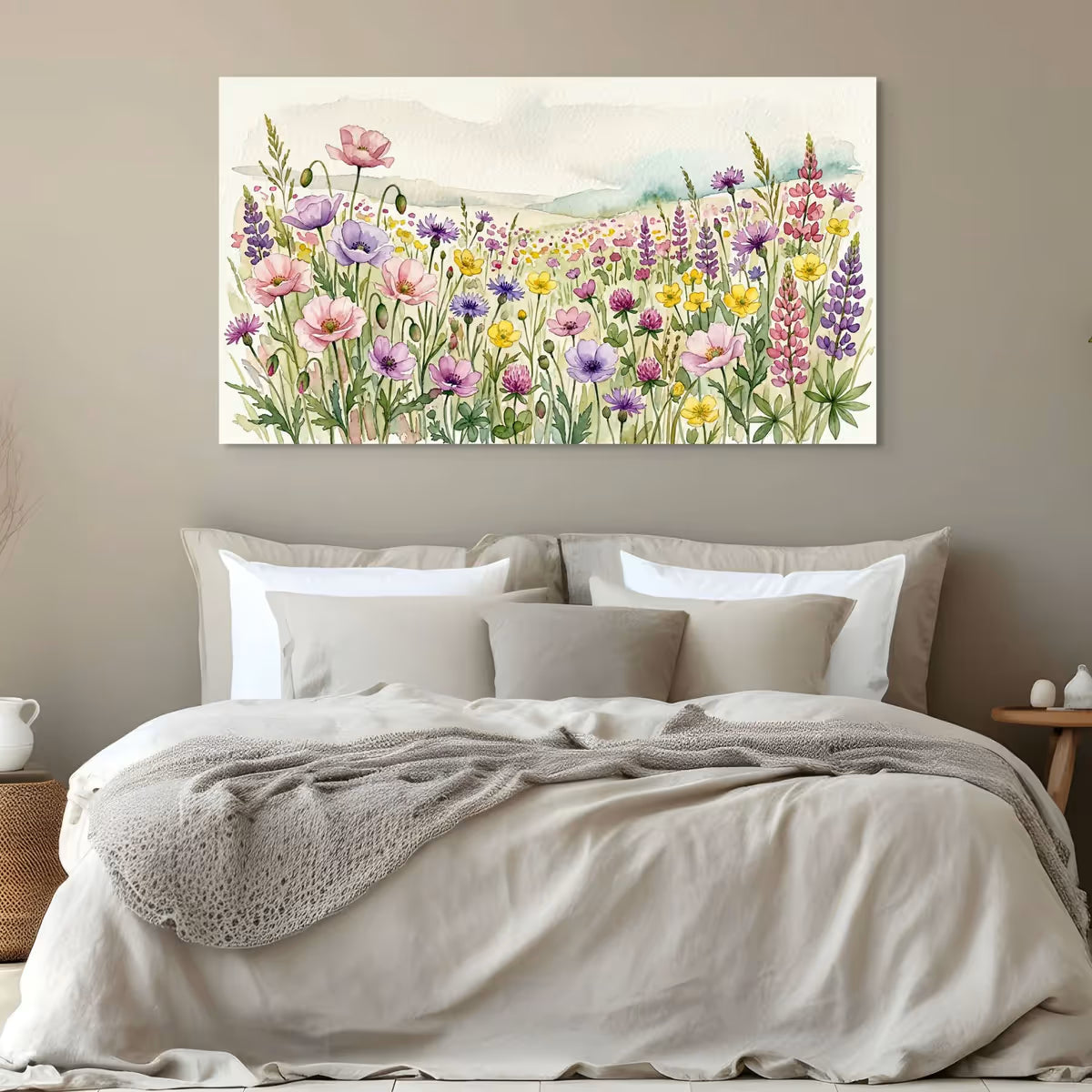 Wildflower Meadow Canvas Wall Art Colorful Watercolor Floral Landscape Print