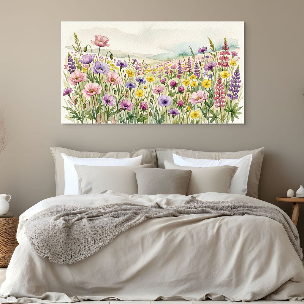 Colorful meadow flowers artwork, nature inspired floral wall decor