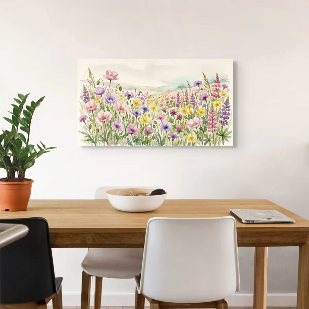 Wildflower Meadow Canvas Wall Art Colorful Watercolor Floral Landscape Print