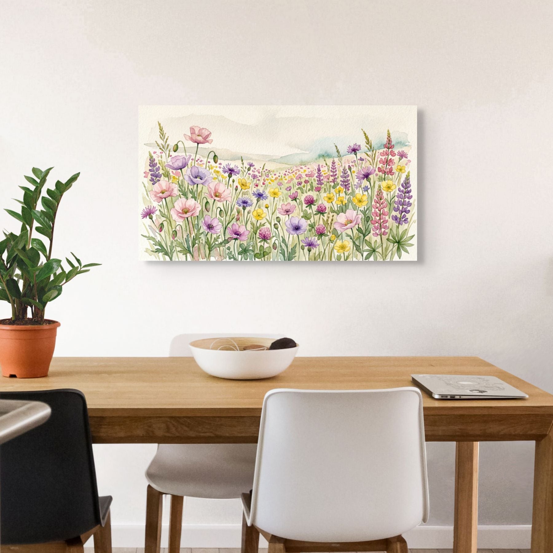 Watercolor floral landscape print, cottagecore meadow wall art