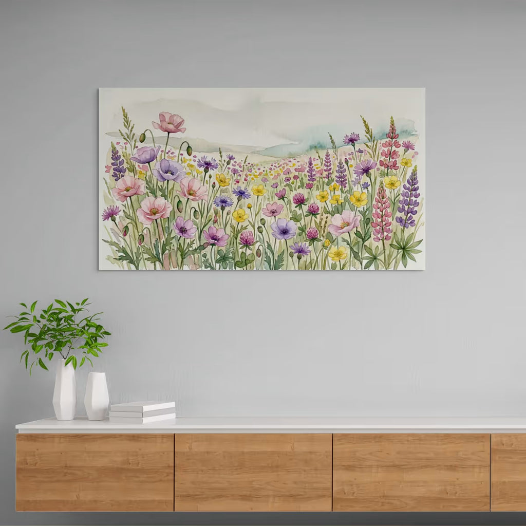 Wildflower Meadow Canvas Wall Art Colorful Watercolor Floral Landscape Print