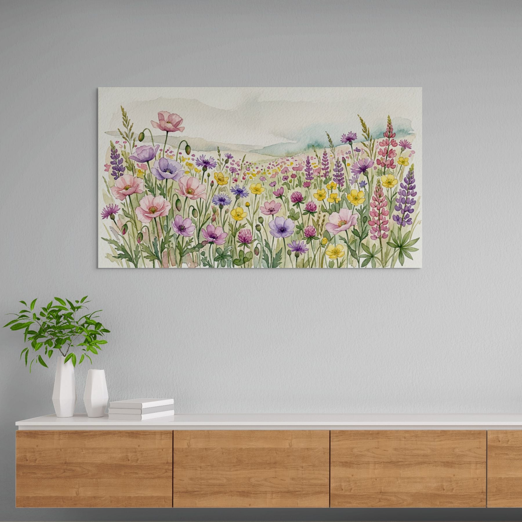 Spring wildflower meadow canvas, soft botanical home decor