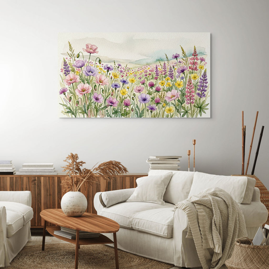 Hand painted wildflower field artwork, pastel floral wall decor