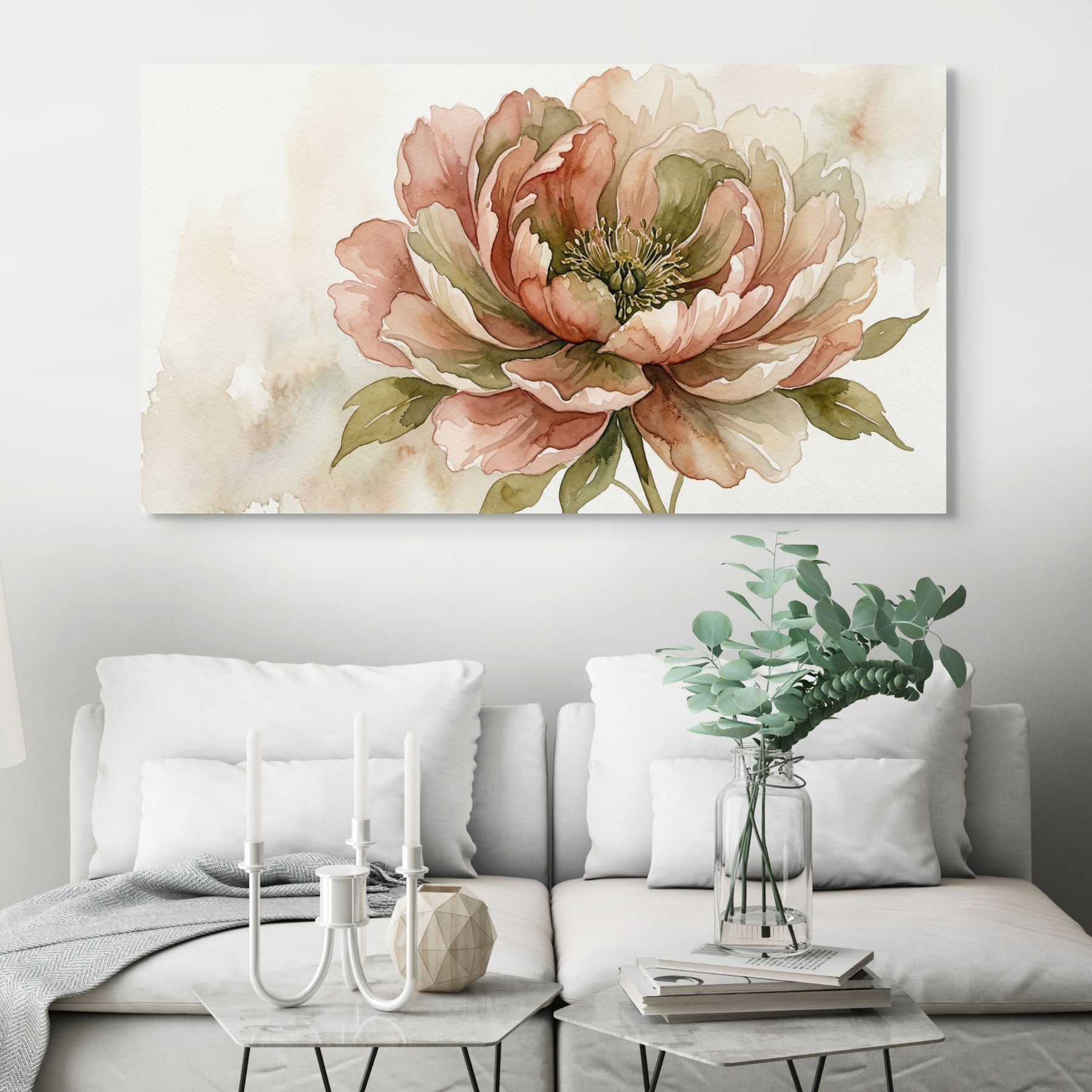Earth-Tone Peony Canvas Wall Art Neutral Watercolor Floral Painting for Elegant Decor Secondary image