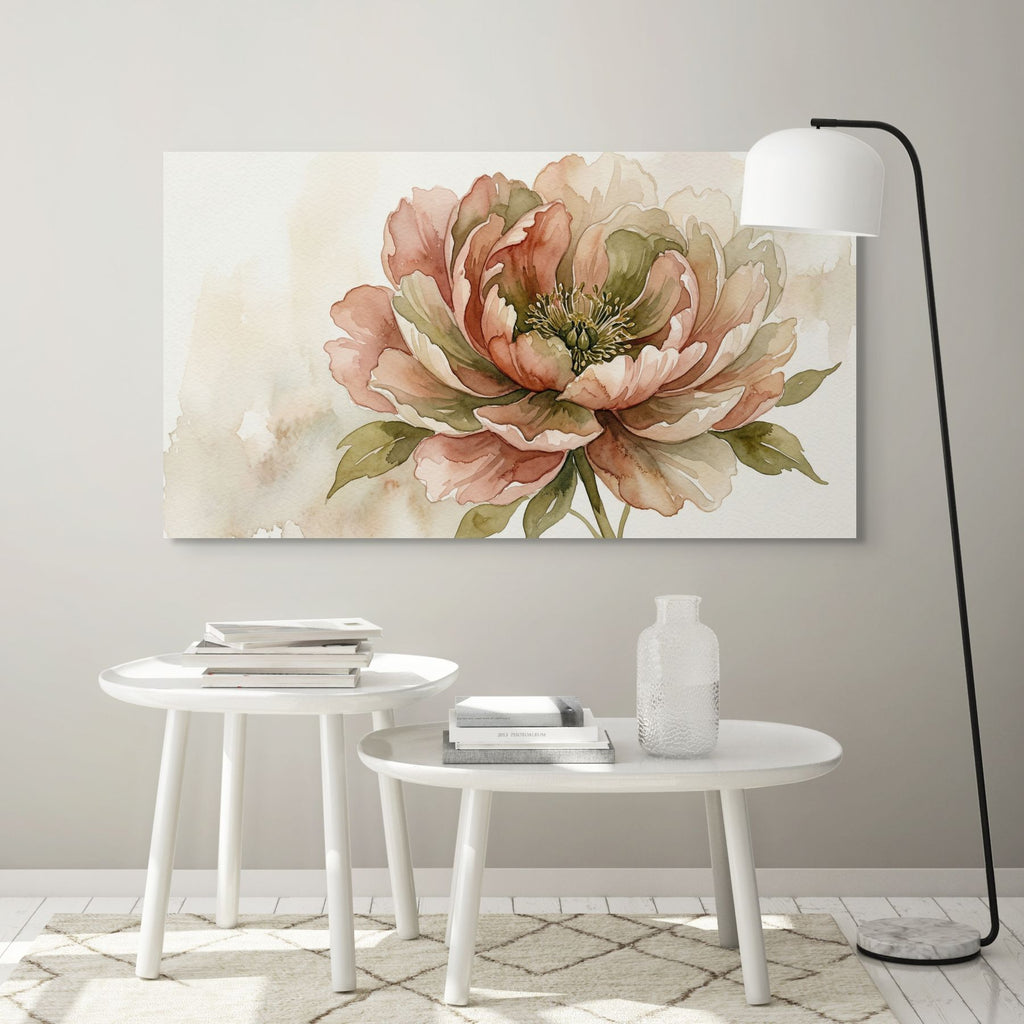 Hand painted peony flower canvas, vintage style floral wall art