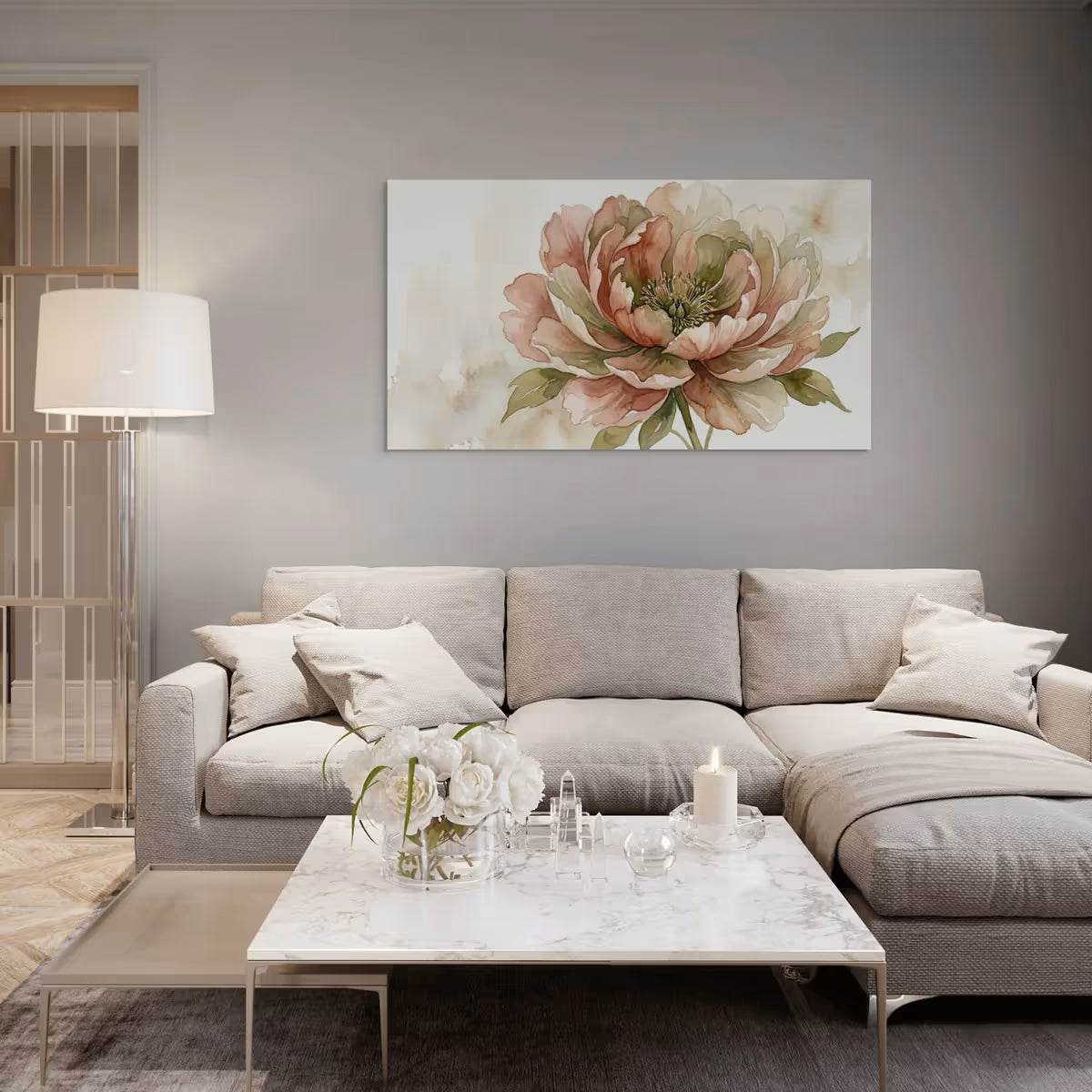 Earth-Tone Peony Canvas Wall Art Neutral Watercolor Floral Painting for Elegant Decor
