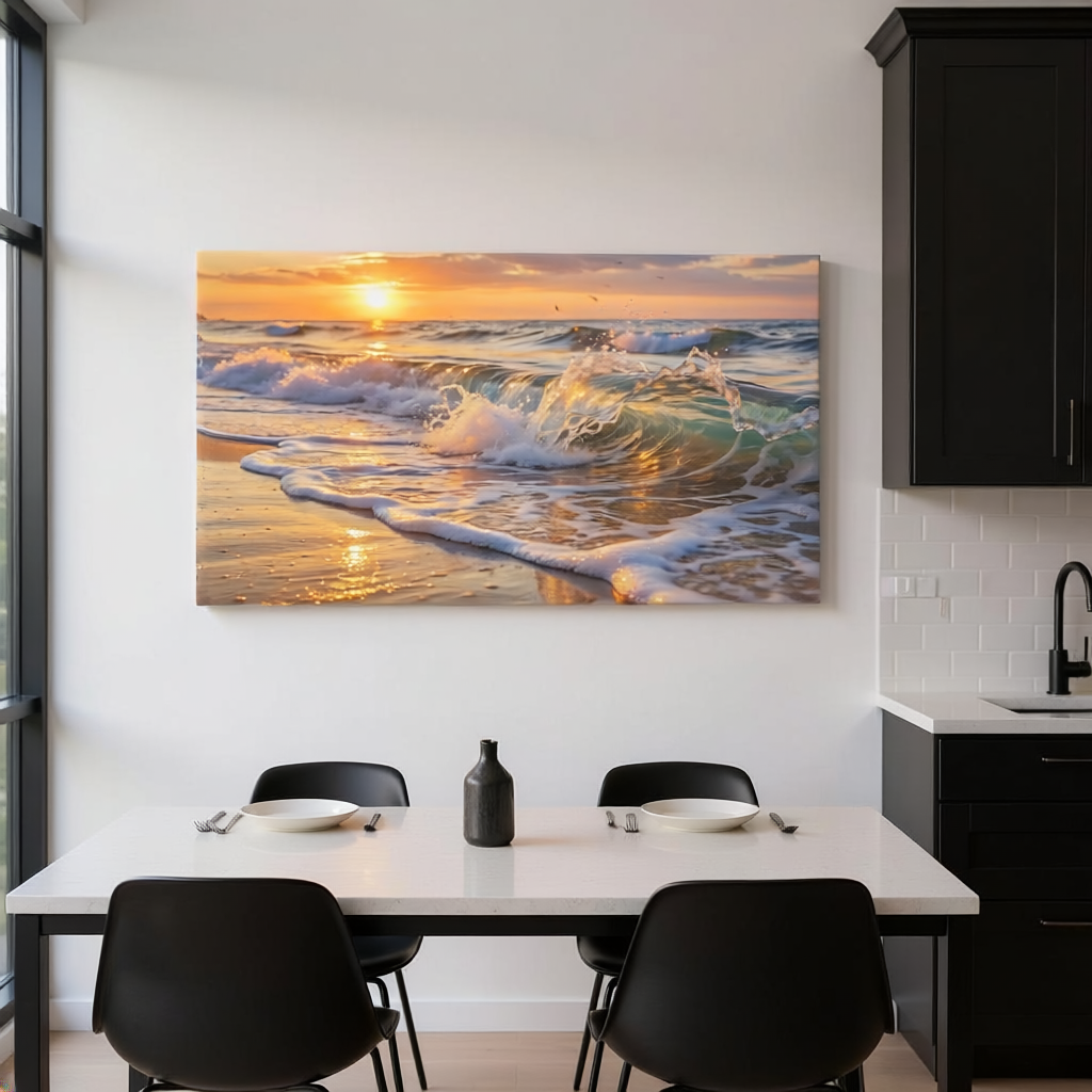 Golden Sunrise Beach Canvas Wall Art – Ocean Waves Seascape Print Main image