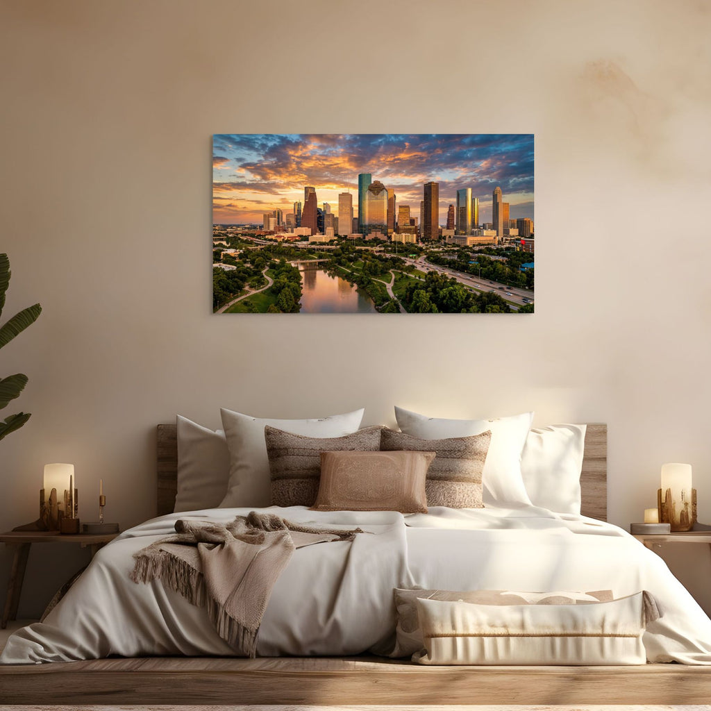 Houston Texas skyline golden hour cityscape modern wall decor