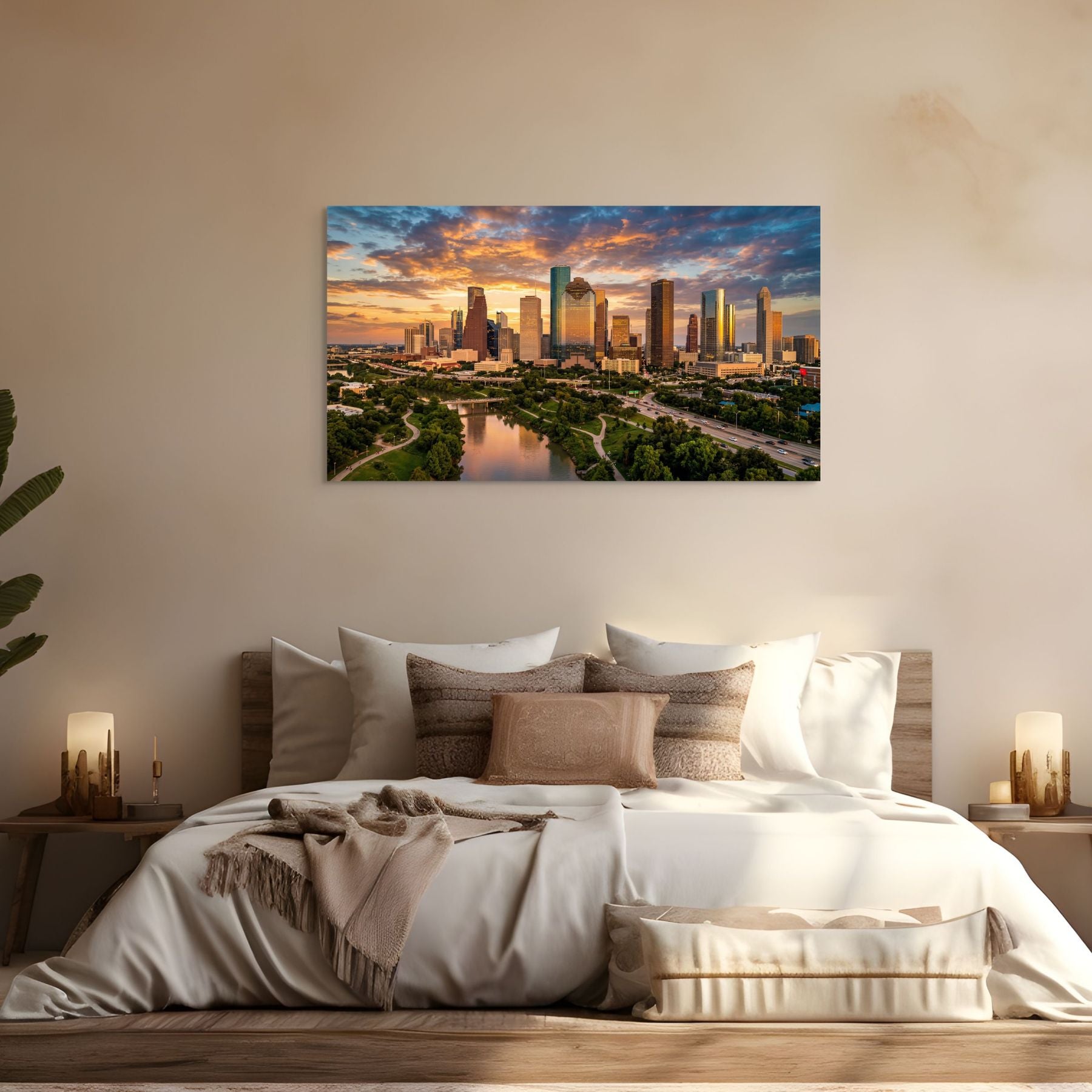 Houston Texas skyline golden hour cityscape modern wall decor