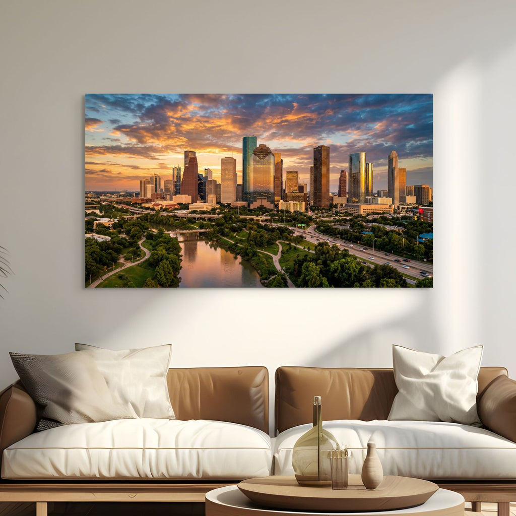 Houston skyline at sunset downtown cityscape wall art Texas skyline print