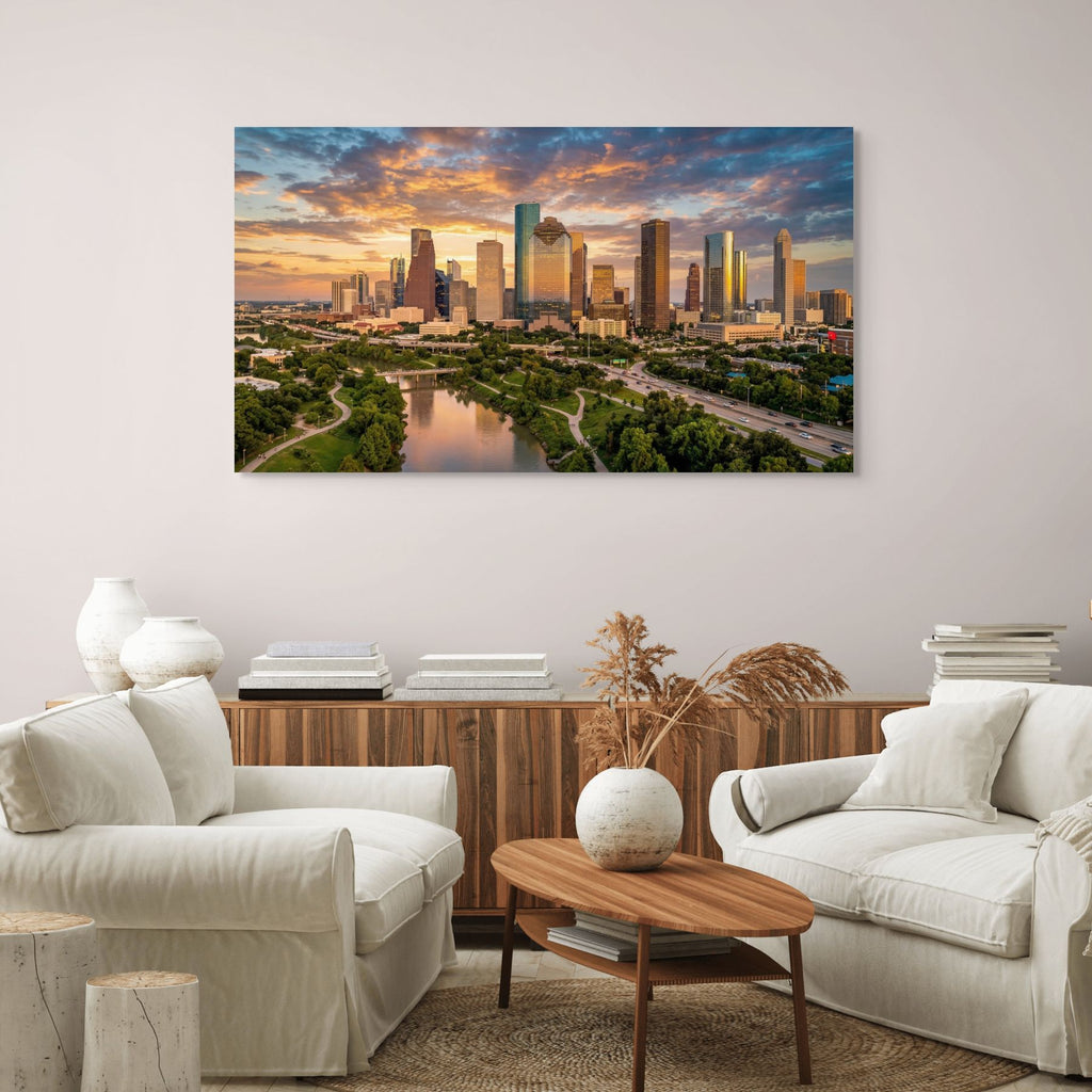Houston skyline evening light cityscape with skyline reflections print