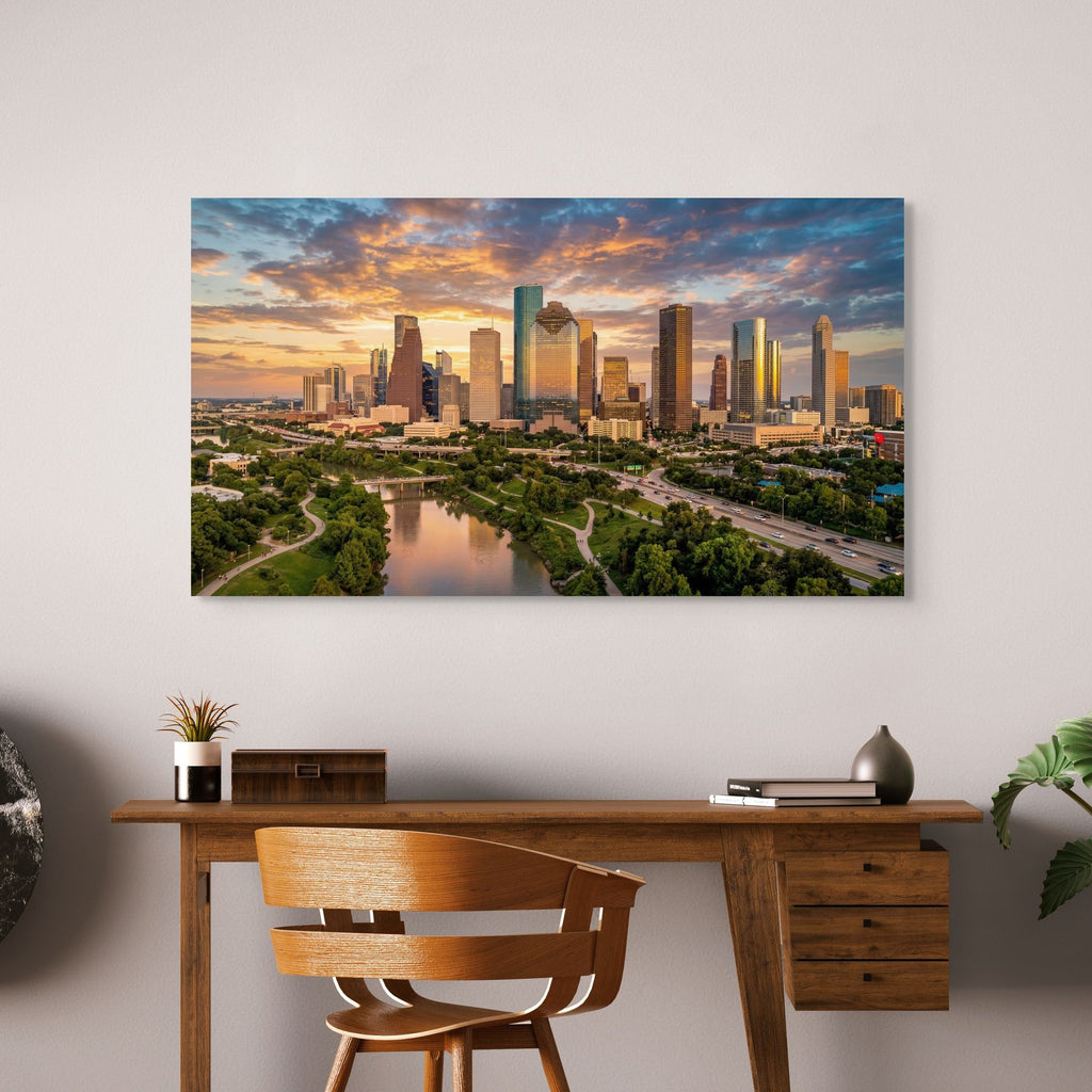 Houston skyline sunset with river and downtown buildings wall art