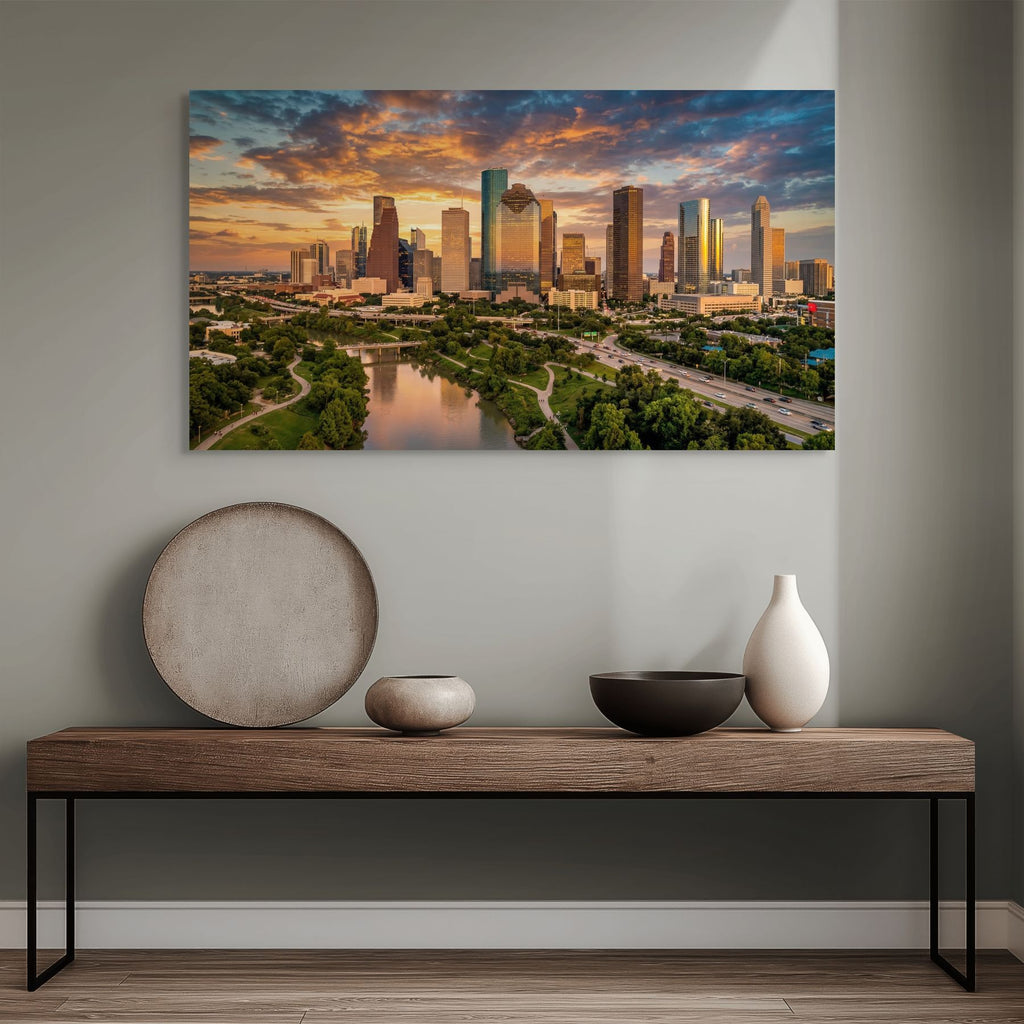 Houston cityscape sunset skyline print Texas urban wall decor
