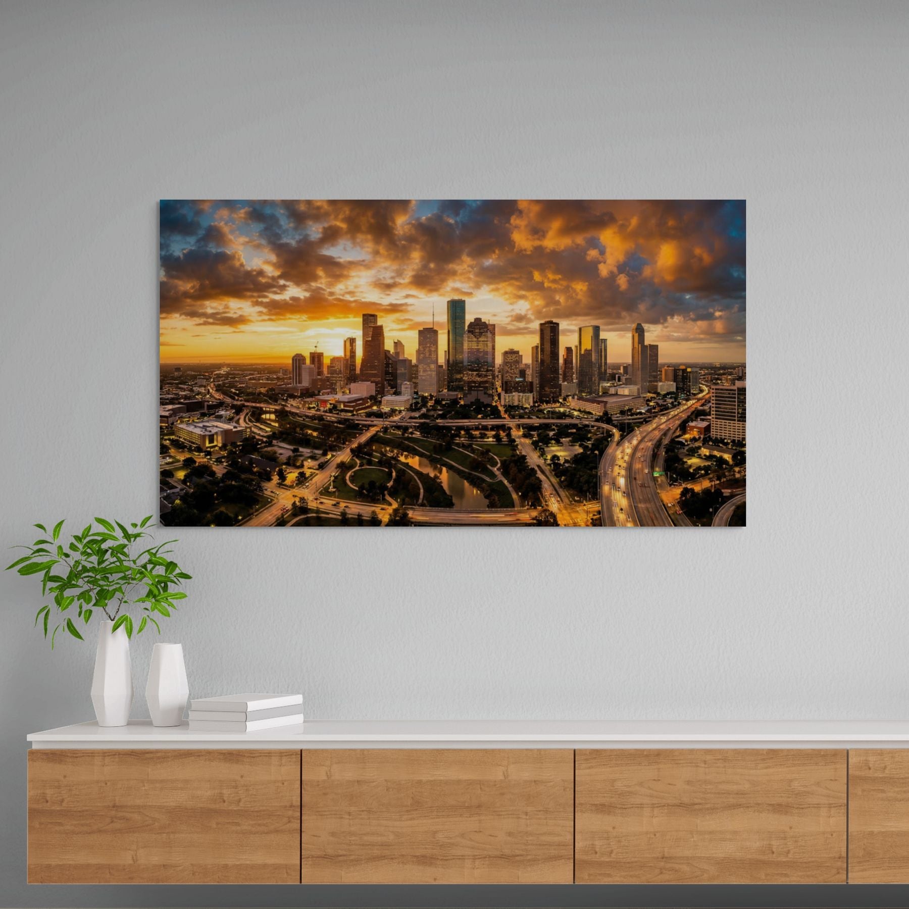 Houston skyline with freeway lights, urban wall art print
