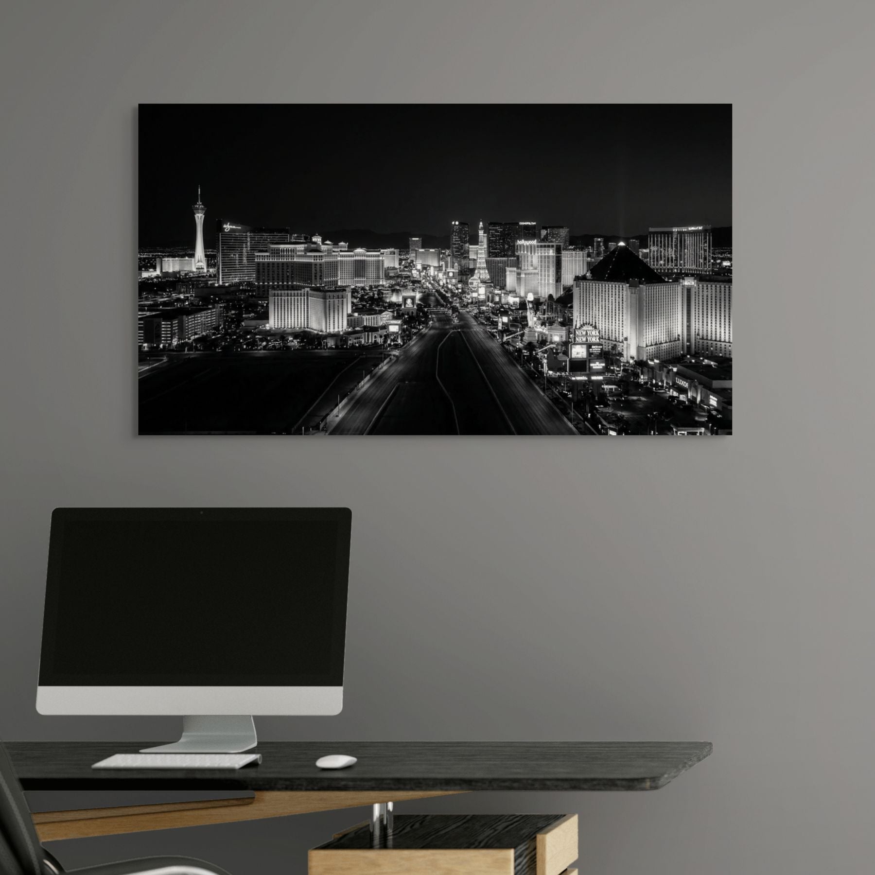 Vegas skyline at night, monochrome city wall art print