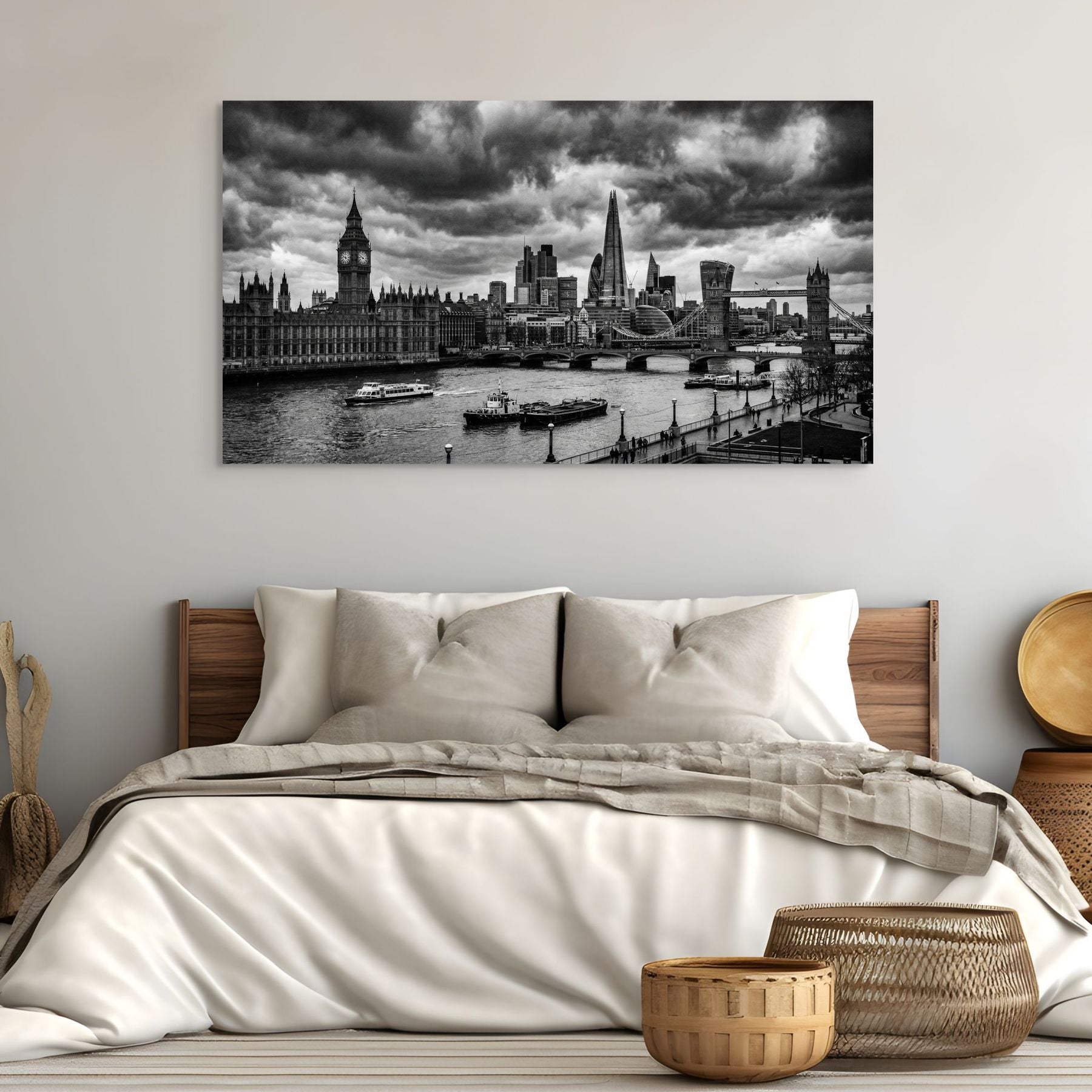 London cityscape black and white Thames River skyline print
