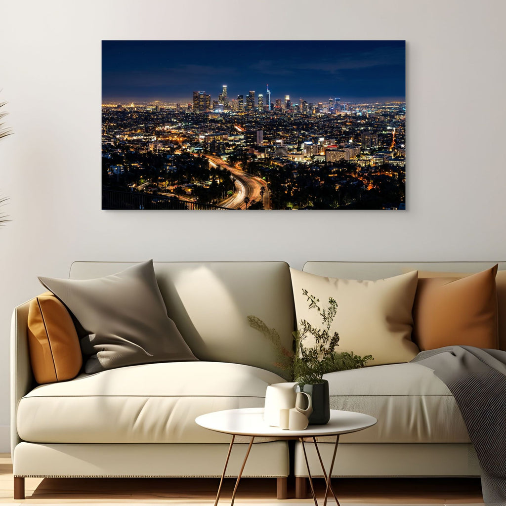 Los Angeles skyline at night with highway light trails wall art