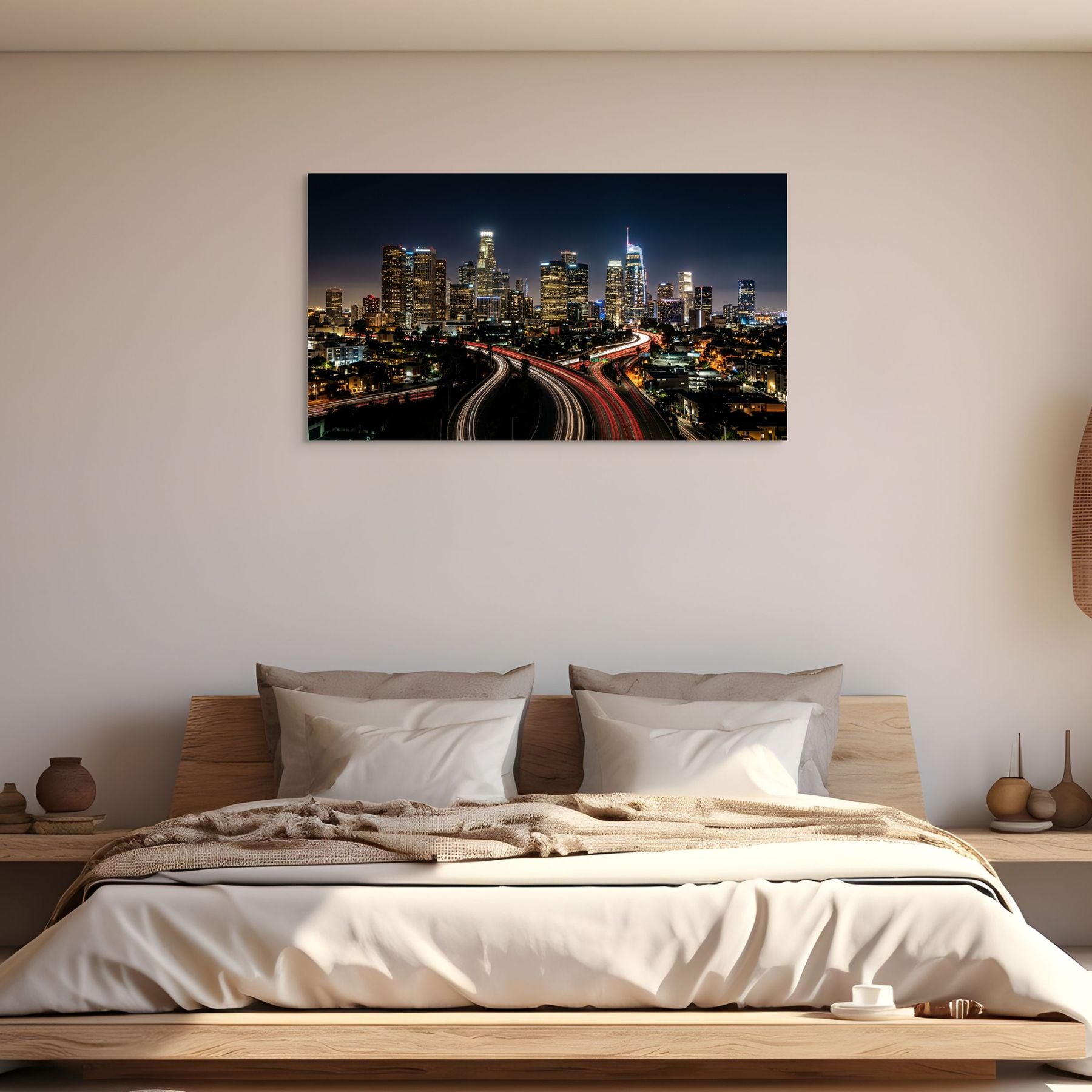 Downtown LA skyline night photography, modern urban wall decor