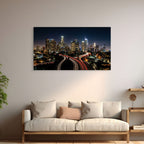 Los Angeles skyline at night with freeway lights, city wall art