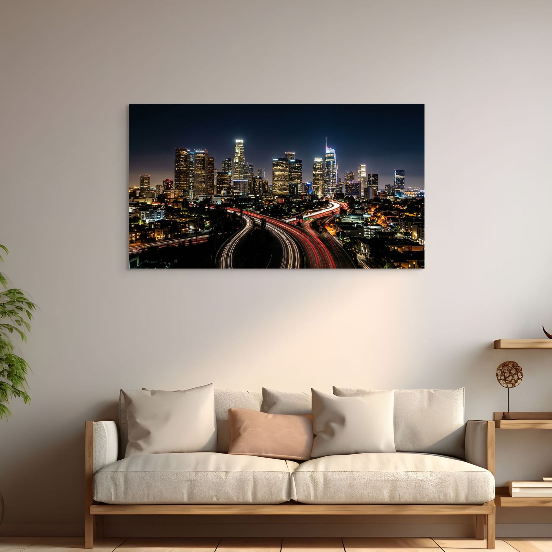 Los Angeles skyline at night with freeway lights, city wall art