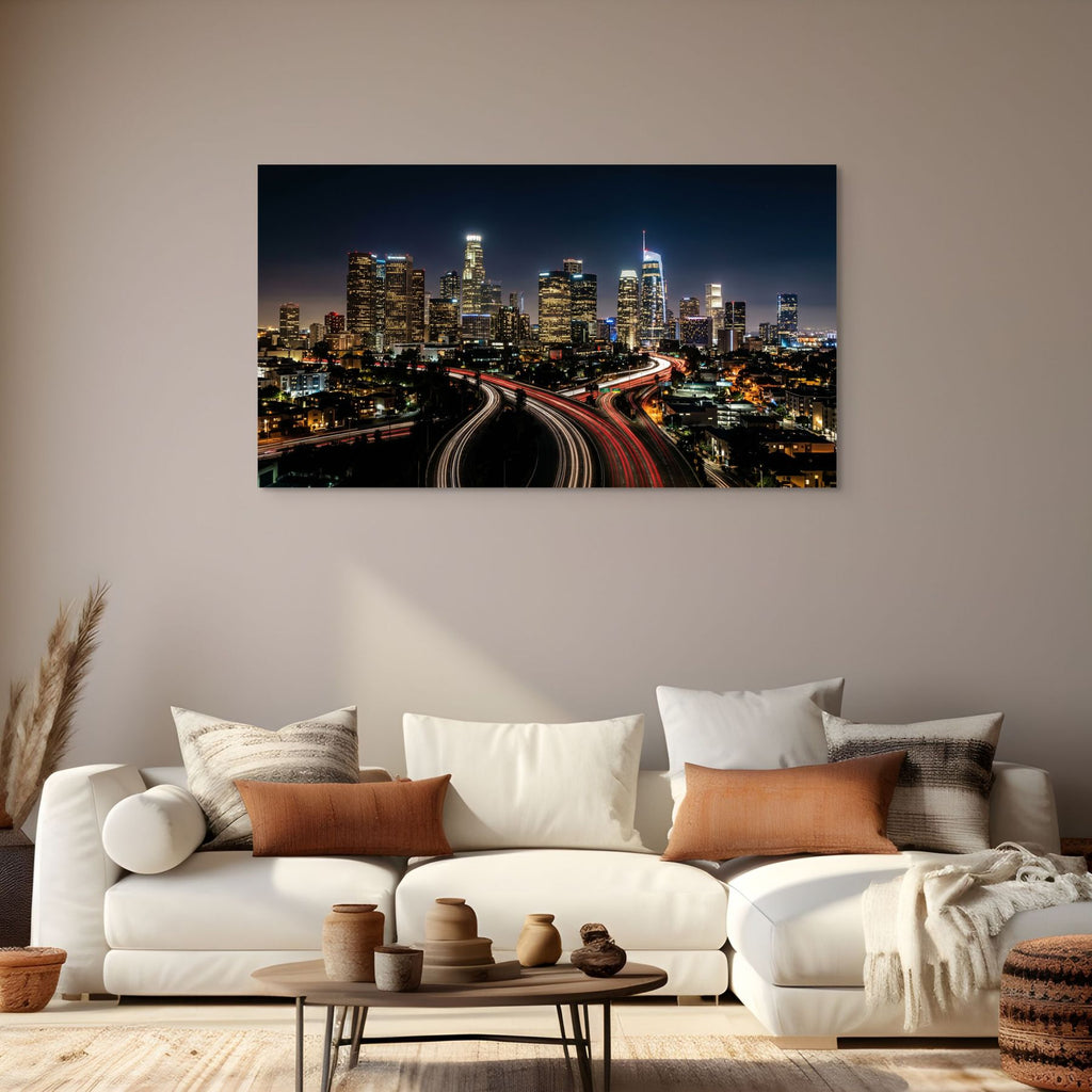 Los Angeles skyline freeway light trails, urban photography print