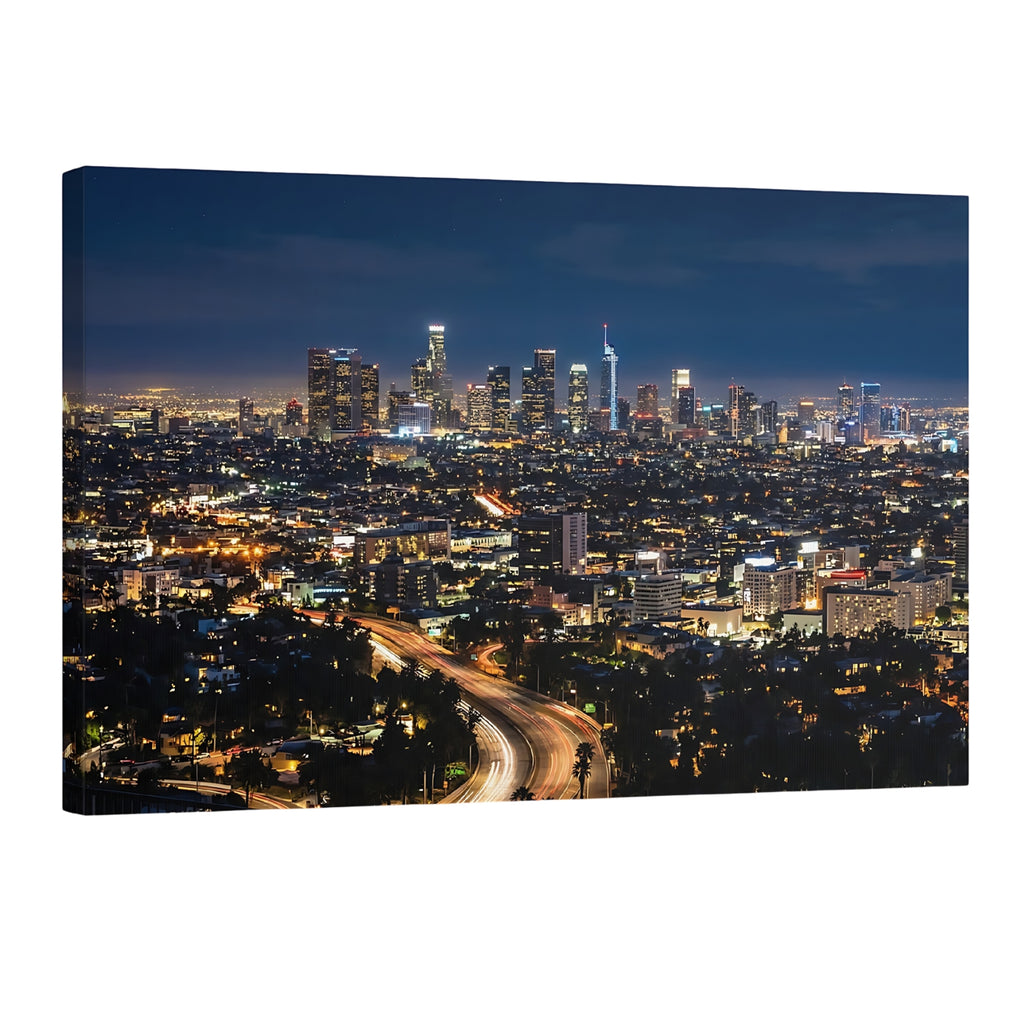 Los Angeles skyline night wall art LA cityscape with light trails downtown Los Angeles print California skyline