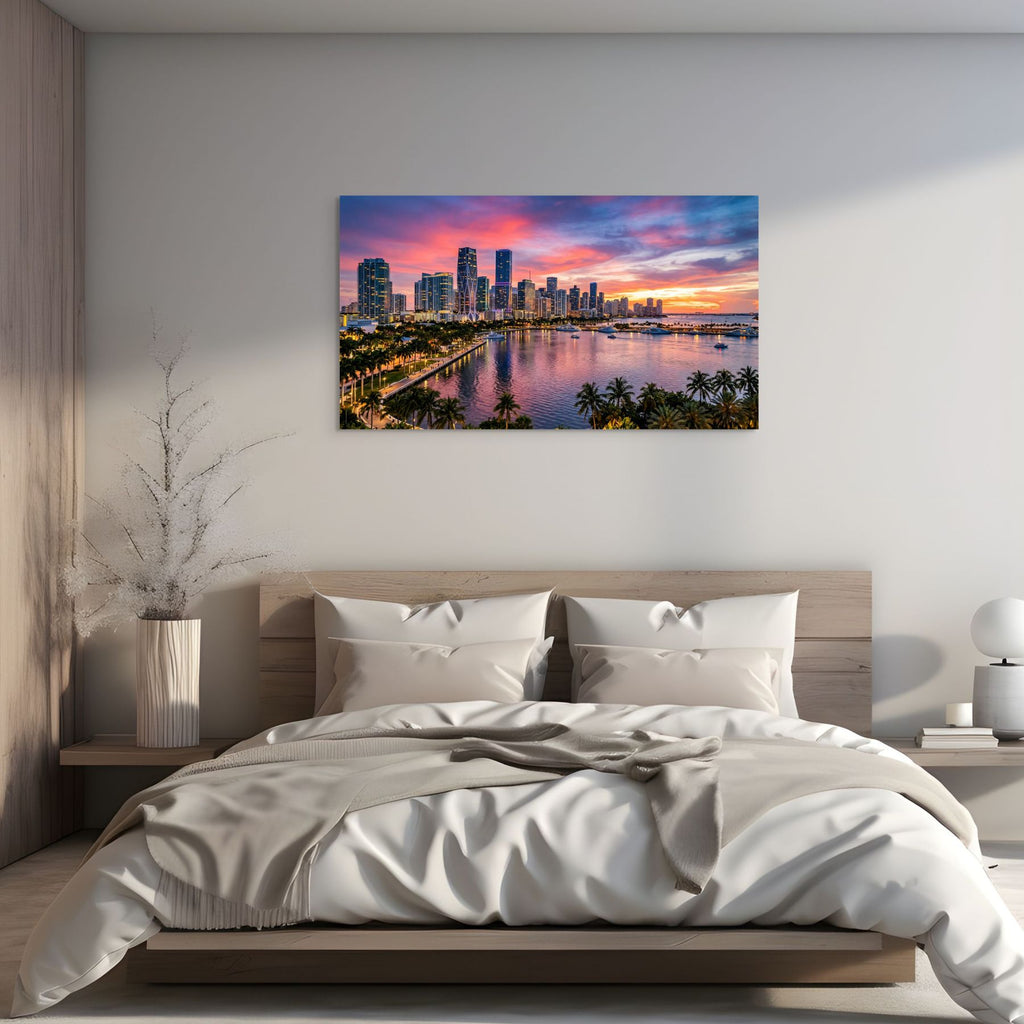 Miami Florida skyline with palm trees and marina sunset wall decor