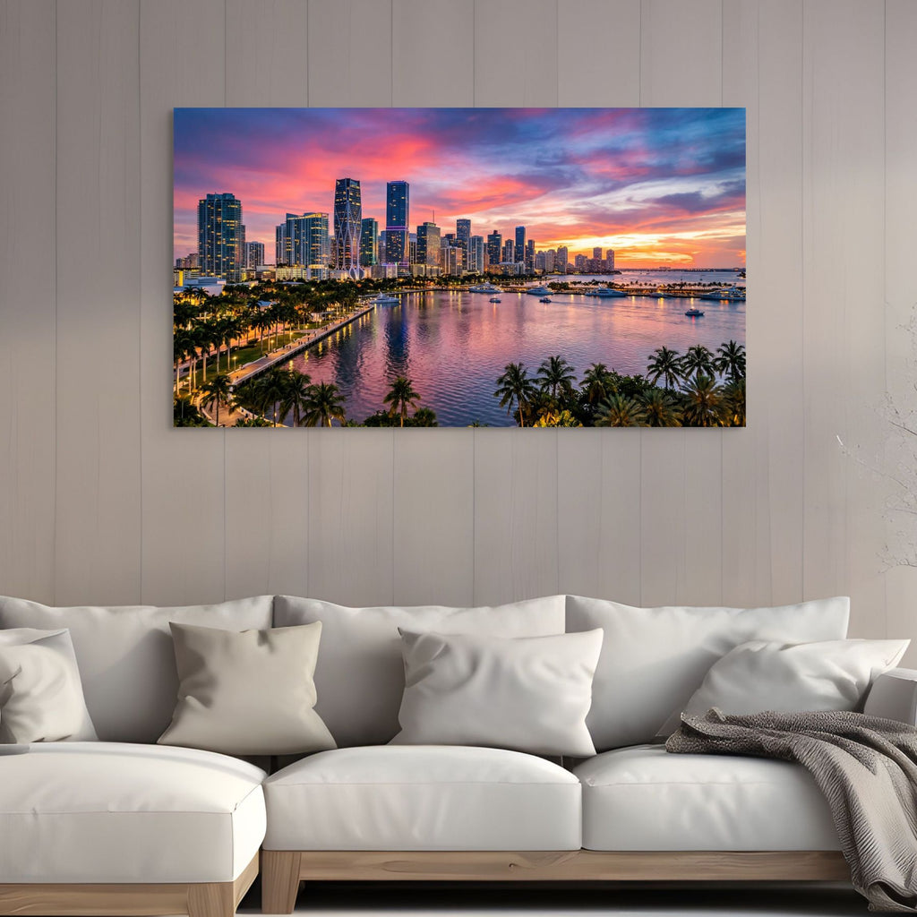 Miami skyline sunset waterfront wall art Biscayne Bay cityscape