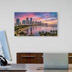Miami cityscape sunset over bay with yachts modern skyline print