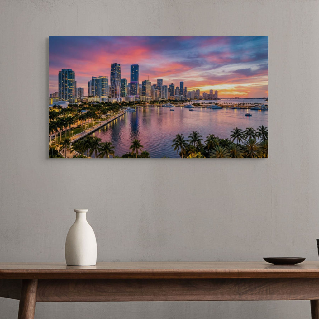 Miami skyline evening waterfront with colorful sky wall art