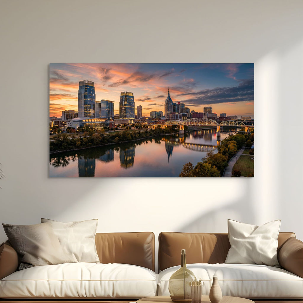 Nashville skyline sunset river reflection wall art