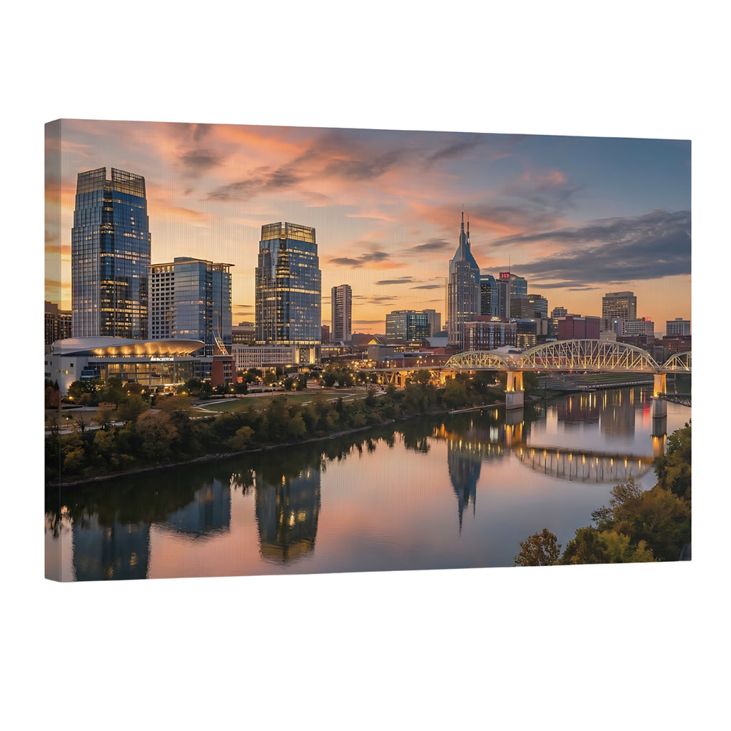 Nashville skyline sunset Cumberland River bridge reflection wall art print