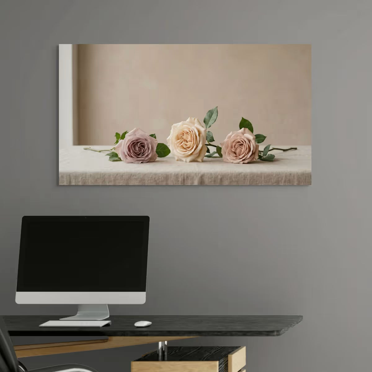 Neutral Rose Trio Canvas Wall Art Soft Beige Floral Print for Elegant Home Decor
