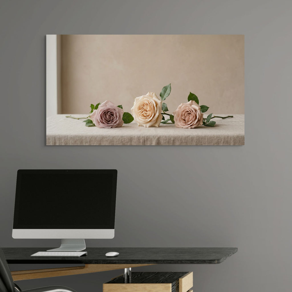 Trio of neutral roses canvas print, Scandinavian style floral wall art