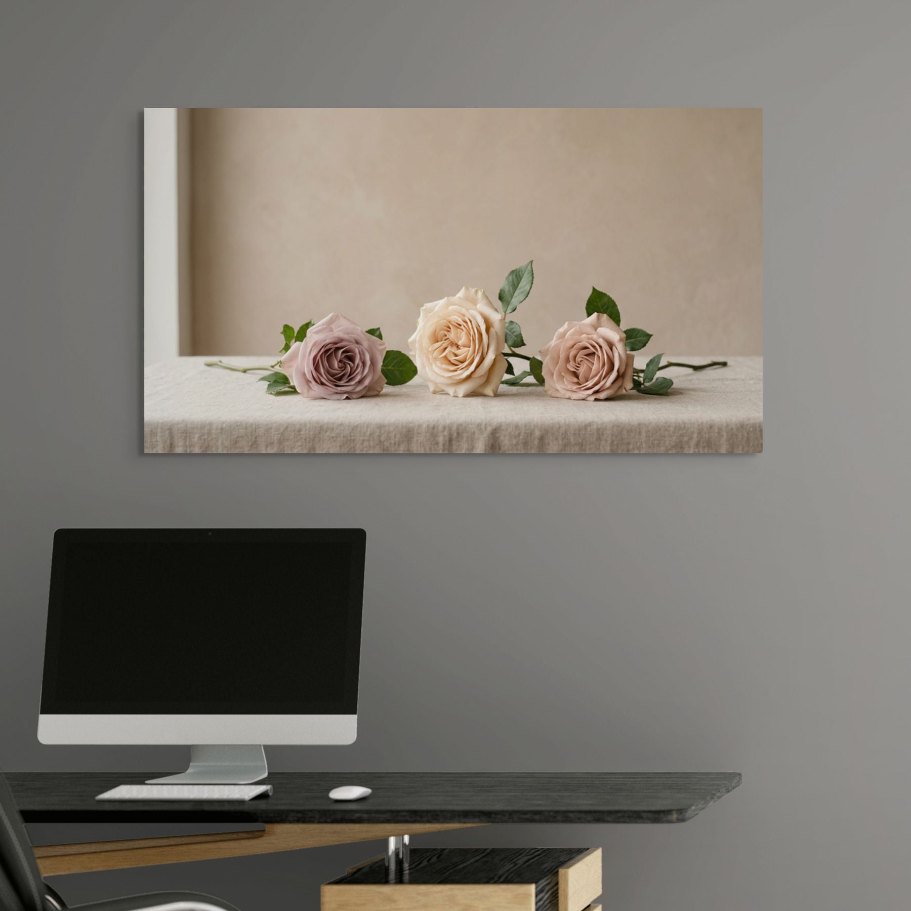 Trio of neutral roses canvas print, Scandinavian style floral wall art