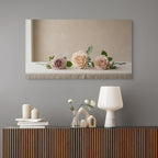 Blush and beige roses on table, elegant floral wall art for cozy interiors