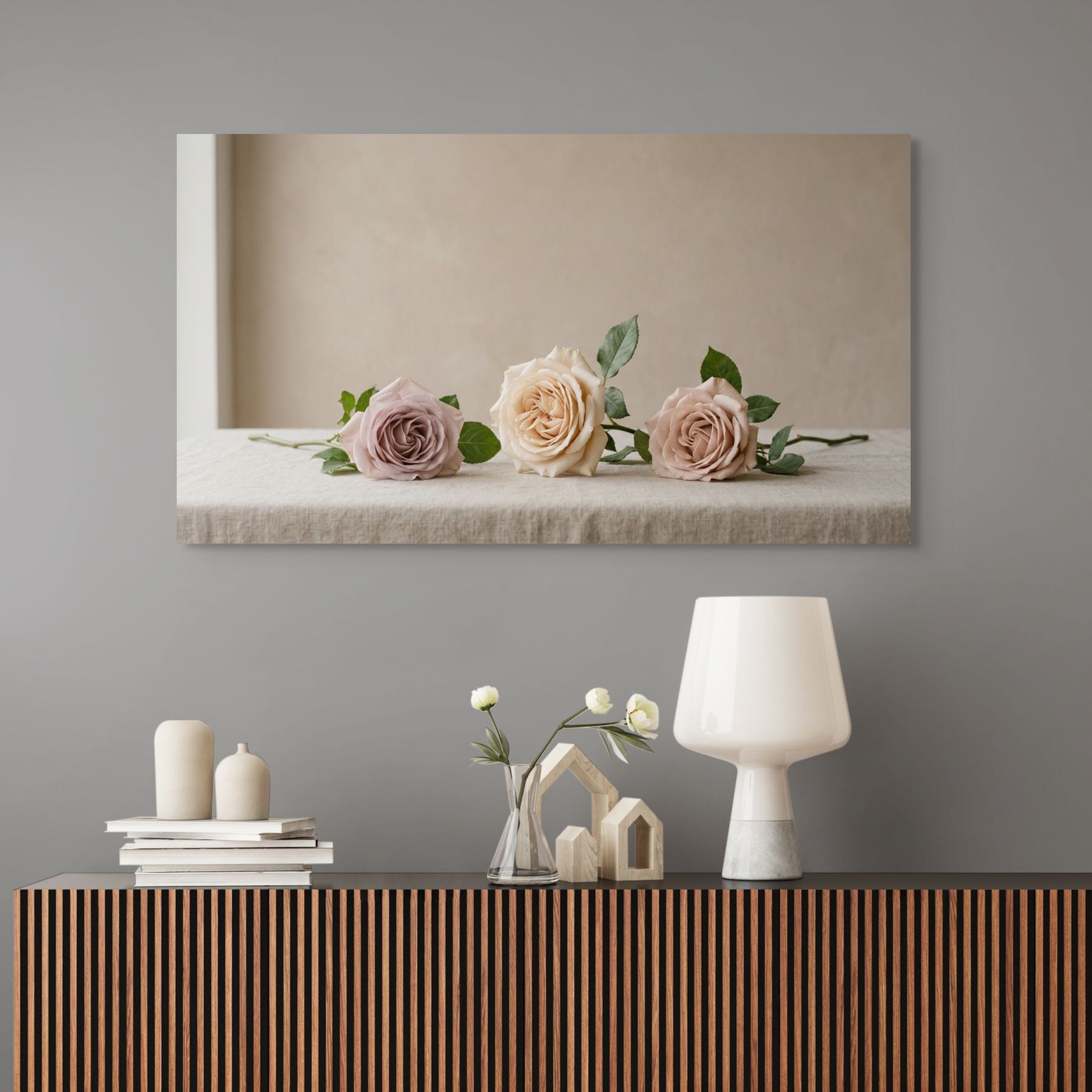 Blush and beige roses on table, elegant floral wall art for cozy interiors