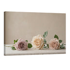 Neutral rose trio canvas wall art in beige and blush tones, minimalist floral decor for modern home