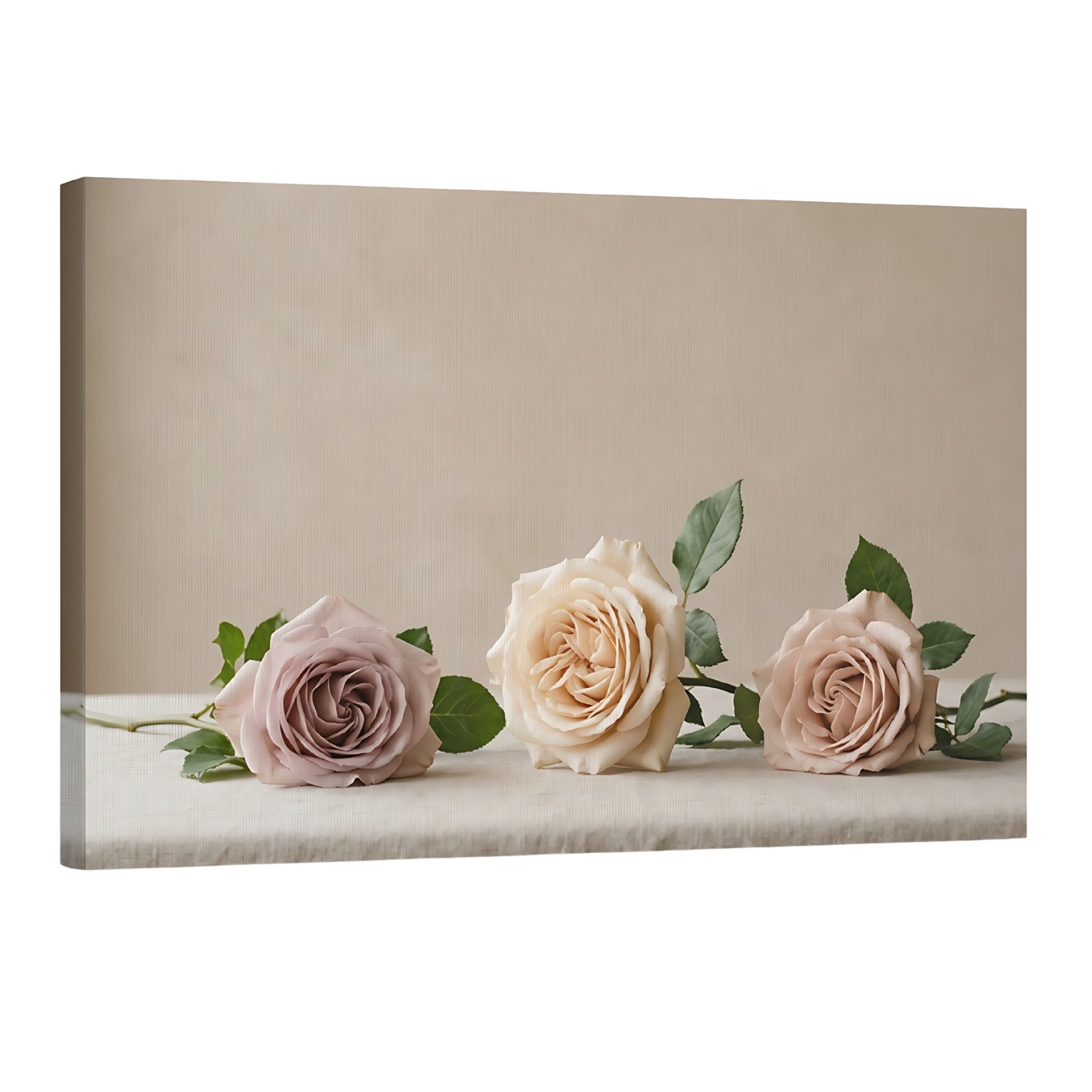 Neutral rose trio canvas wall art in beige and blush tones, minimalist floral decor for modern home