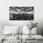 NYC skyline black and white with Brooklyn Bridge, dramatic city wall art