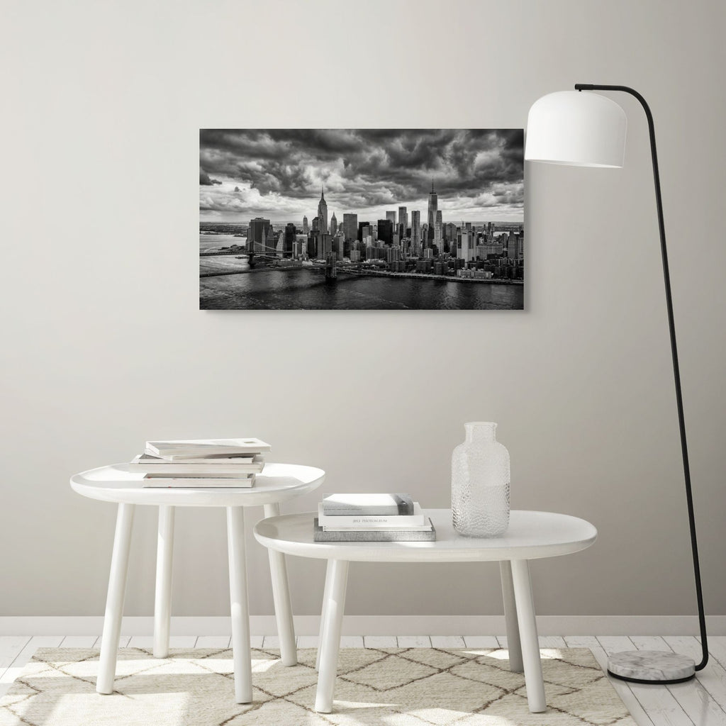 NYC skyline with storm clouds, modern black and white wall art