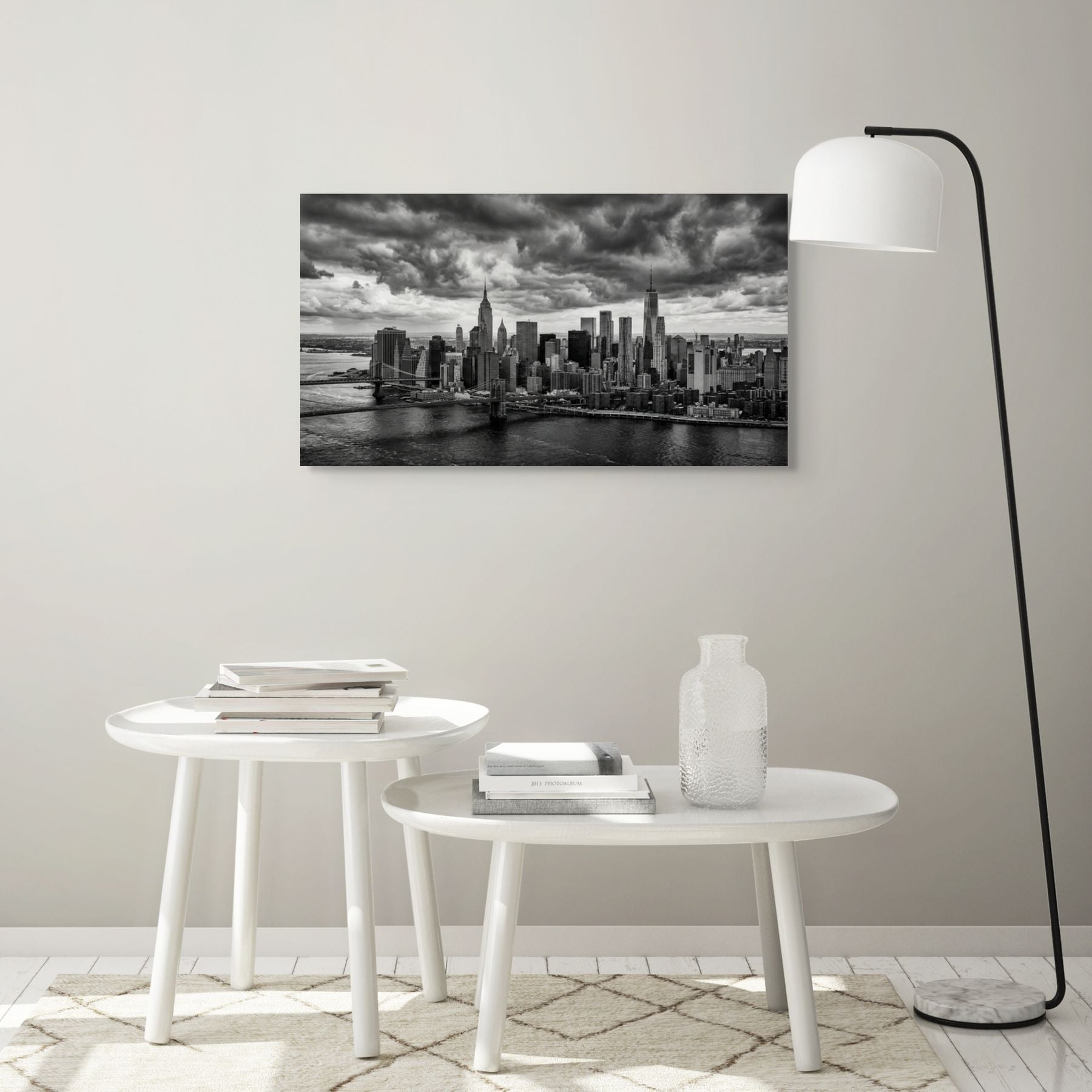 NYC skyline with storm clouds, modern black and white wall art