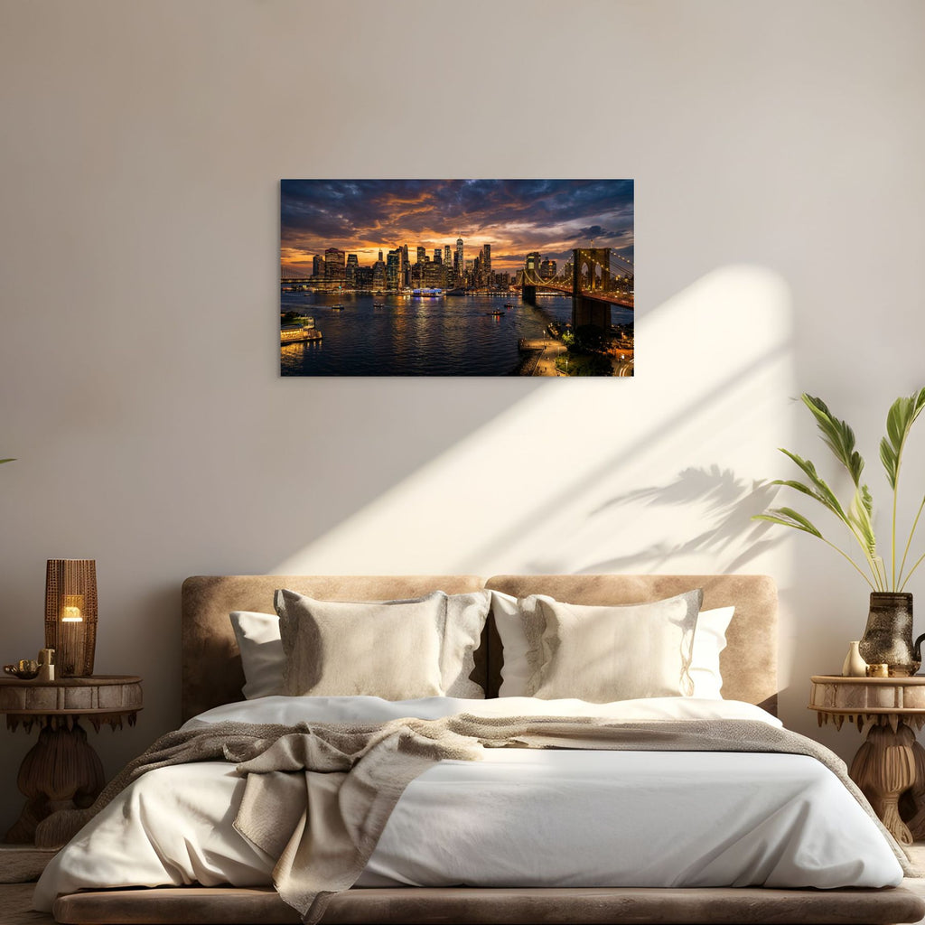 Manhattan skyline golden hour cityscape, New York wall decor
