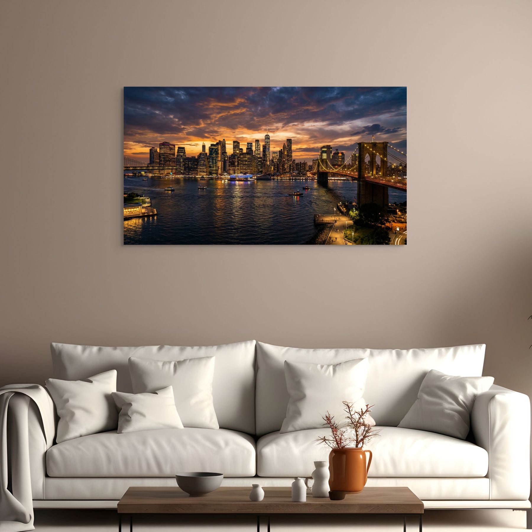 New York skyline sunset with Brooklyn Bridge, NYC wall art print