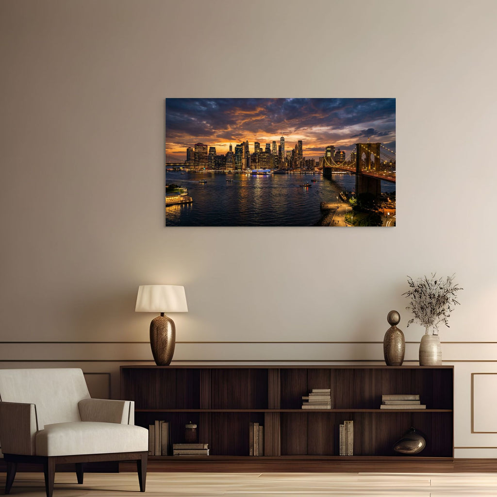 NYC skyline sunset canvas, urban cityscape wall decor