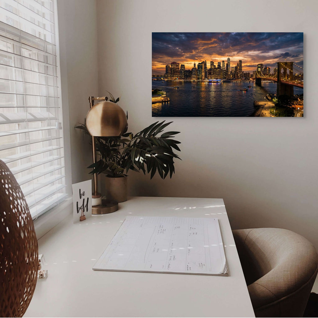 Brooklyn Bridge and NYC skyline at sunset, city photography print