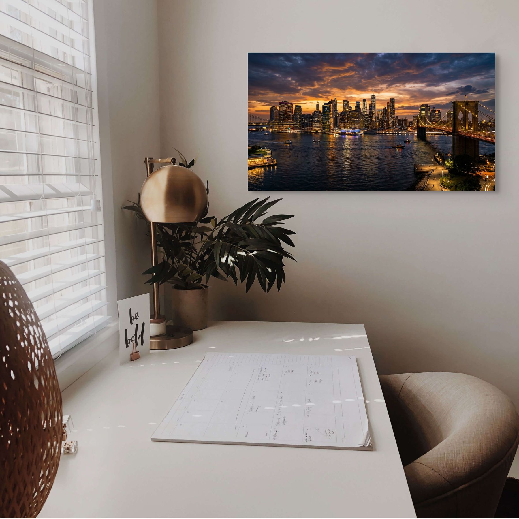 Brooklyn Bridge and NYC skyline at sunset, city photography print